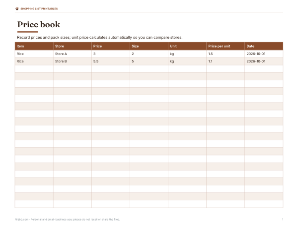 Preview of Printable Price Book Sheet