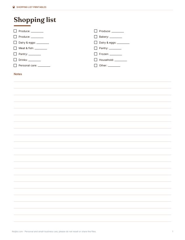Preview of Printable Shopping List